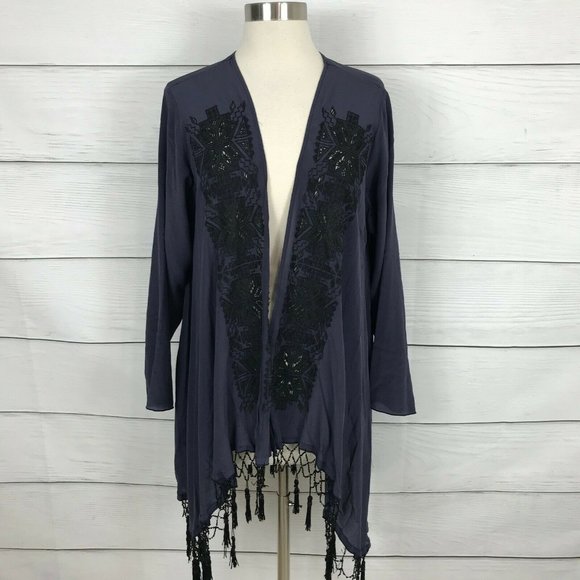Johnny Was Tops - 4 Love and Liberty Open Front Kimono Fringe Size Small S Purple Black Embroidery